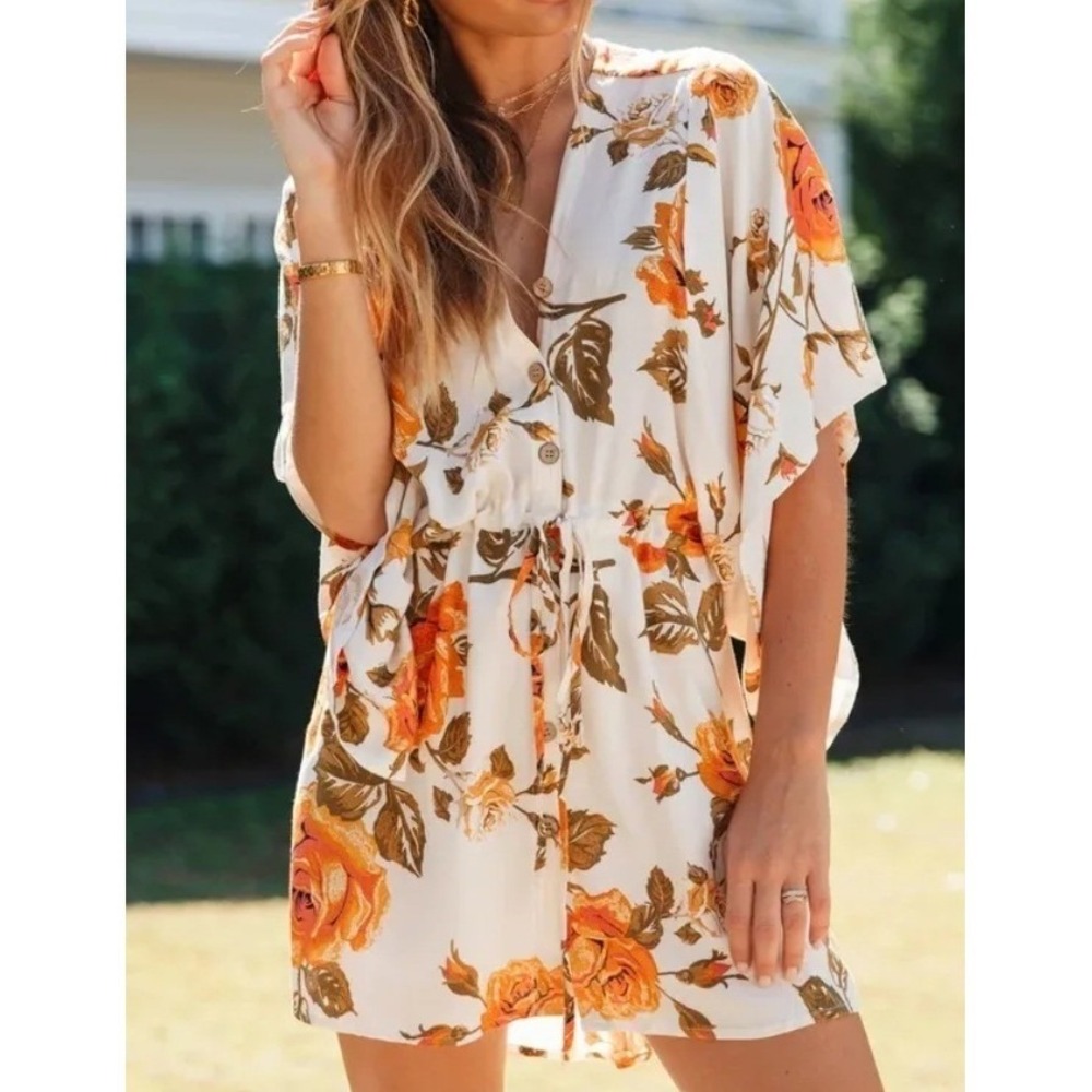 D200. Floral Button-Down Mini Dress with‎ Tie Waist